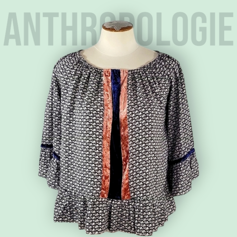 Anthropologie THML Velvet Trim Peplum Blouse Bell Sleeve Womens Size S